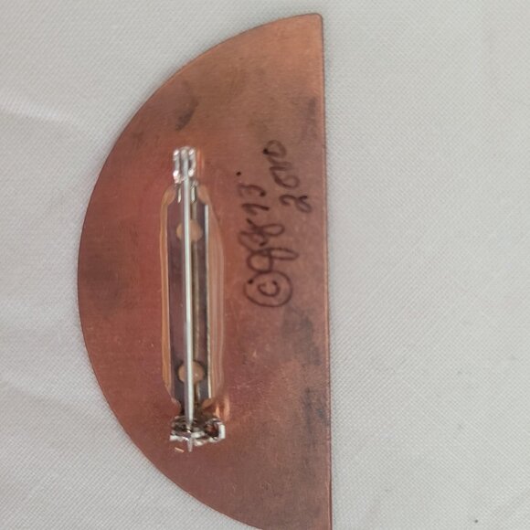 Hand-Painted Sunflower Copper Brooch Pin Half-Moon Shape Vintage Style Artisan C - Picture 3 of 4